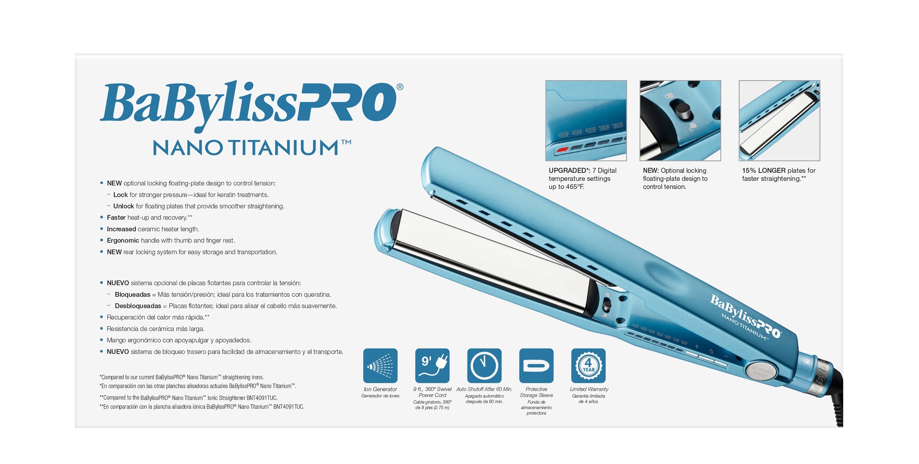 BaBylissPRO Nano Titanium Extended Ionic Flat Iron - 1 1/4" (BNT9091TXL) — image 6