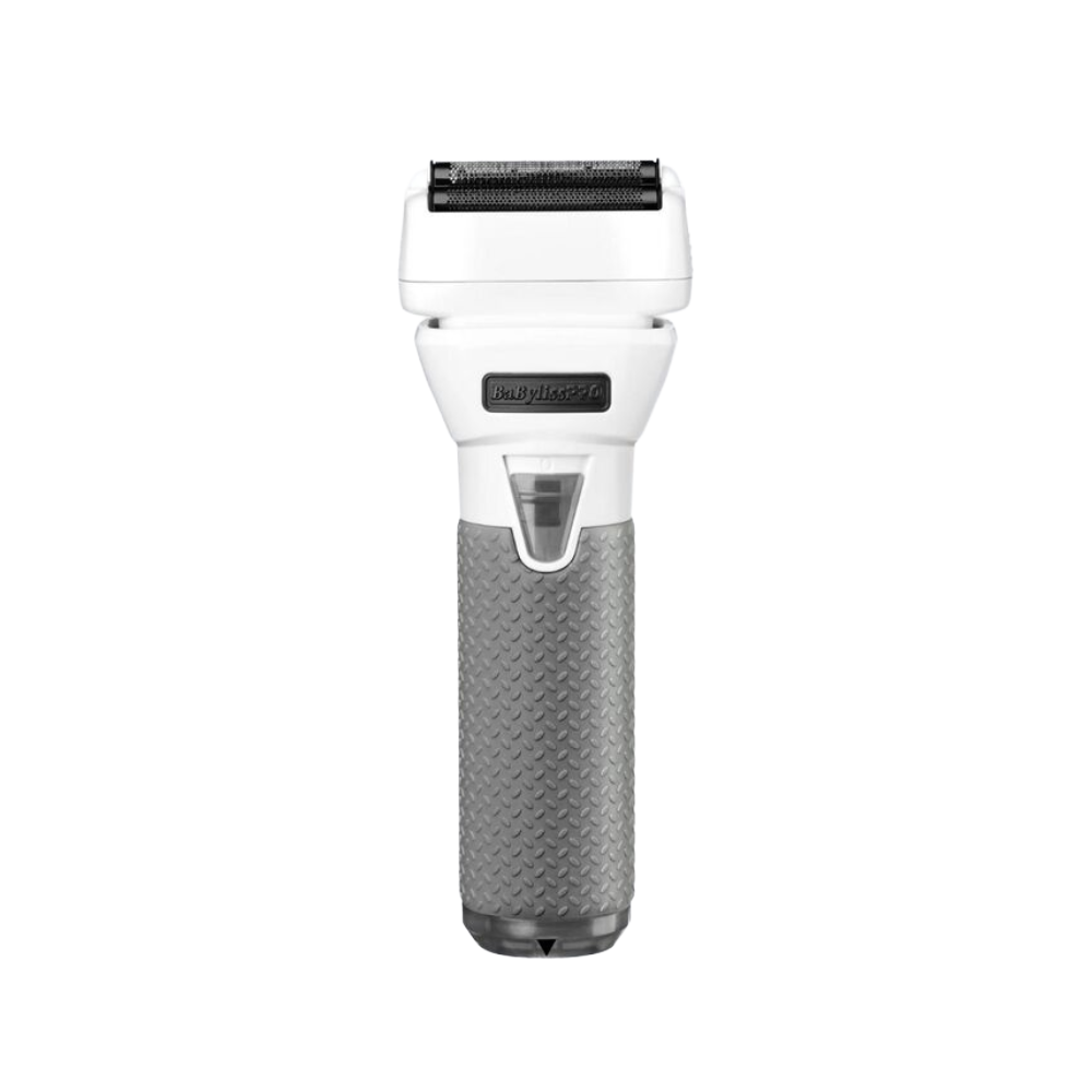 Cordless hair shaver with black foil head and white guard, textured gray grip
