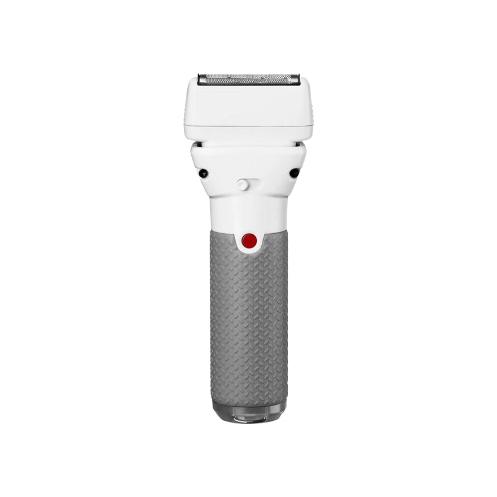 Frostbyte limited edition foil shaver, white front with red button and gray grip