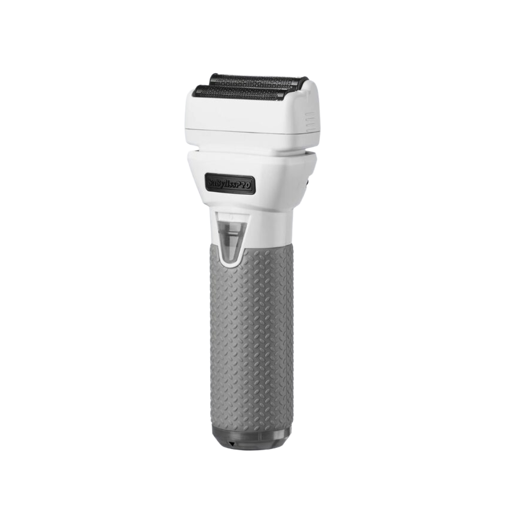 Cordless hair shaver with black foil head and textured gray grip, white body