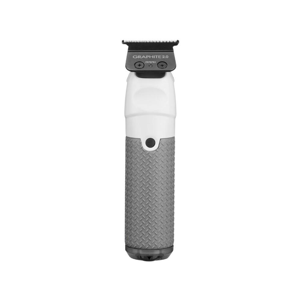 Cordless hair clipper with Graphite 2.0 blade housing, textured gray grip, white body