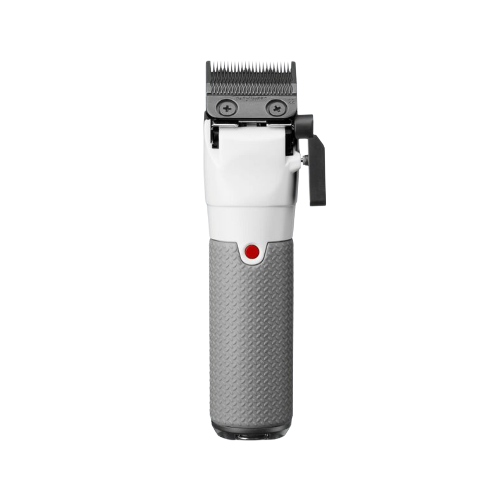 Cordless hair clipper with comb blades, top controls (+/–), textured gray grip